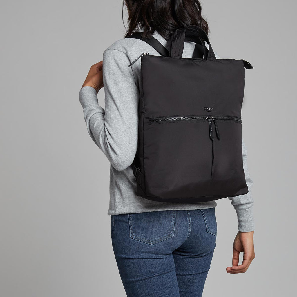 KNOMO Reykjavik Laptop Tote Backpack Female Model Wearing 15" -  Black | knomo.com