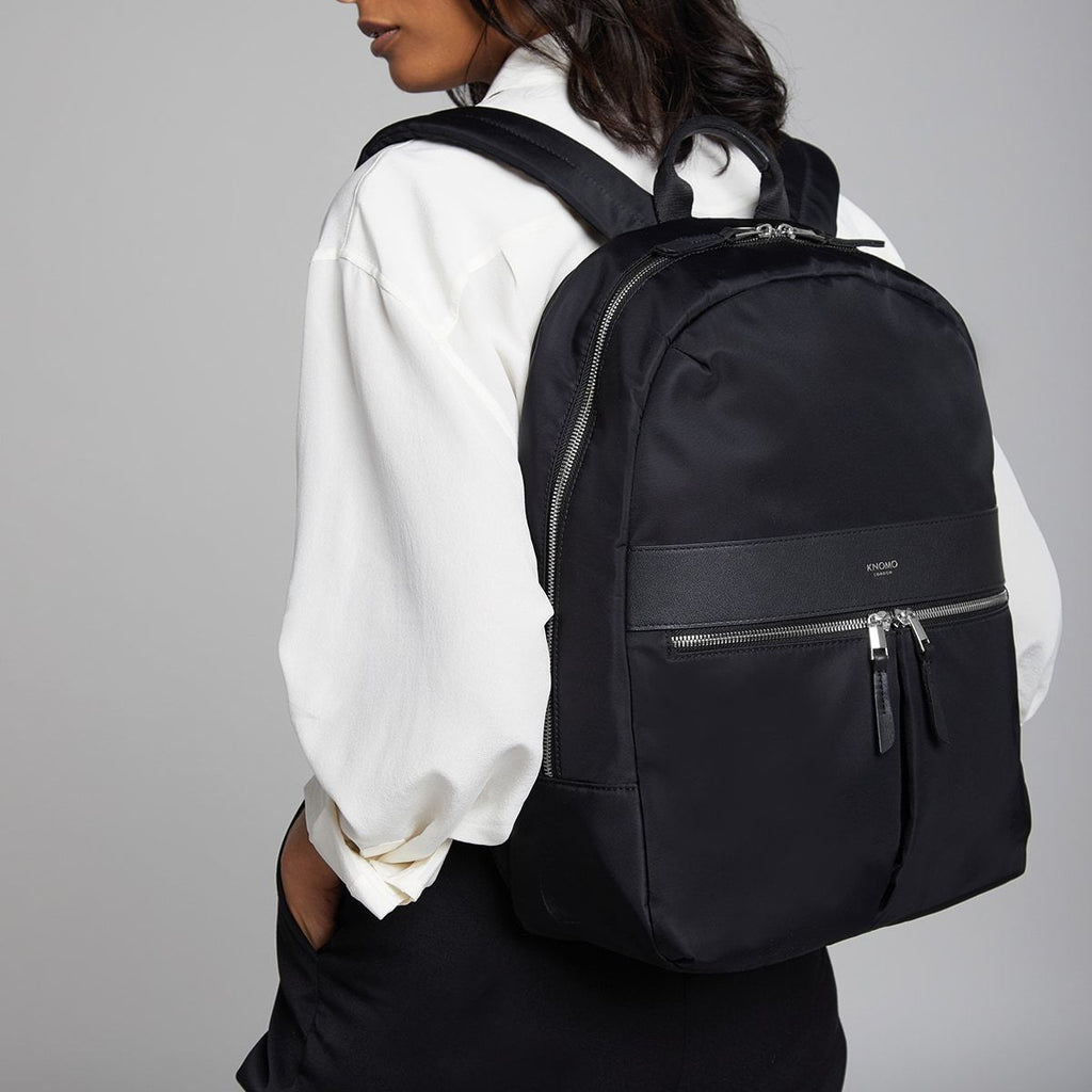 KNOMO Beauchamp Laptop Backpack Female Model Wearing 14" -  Black | knomo.com