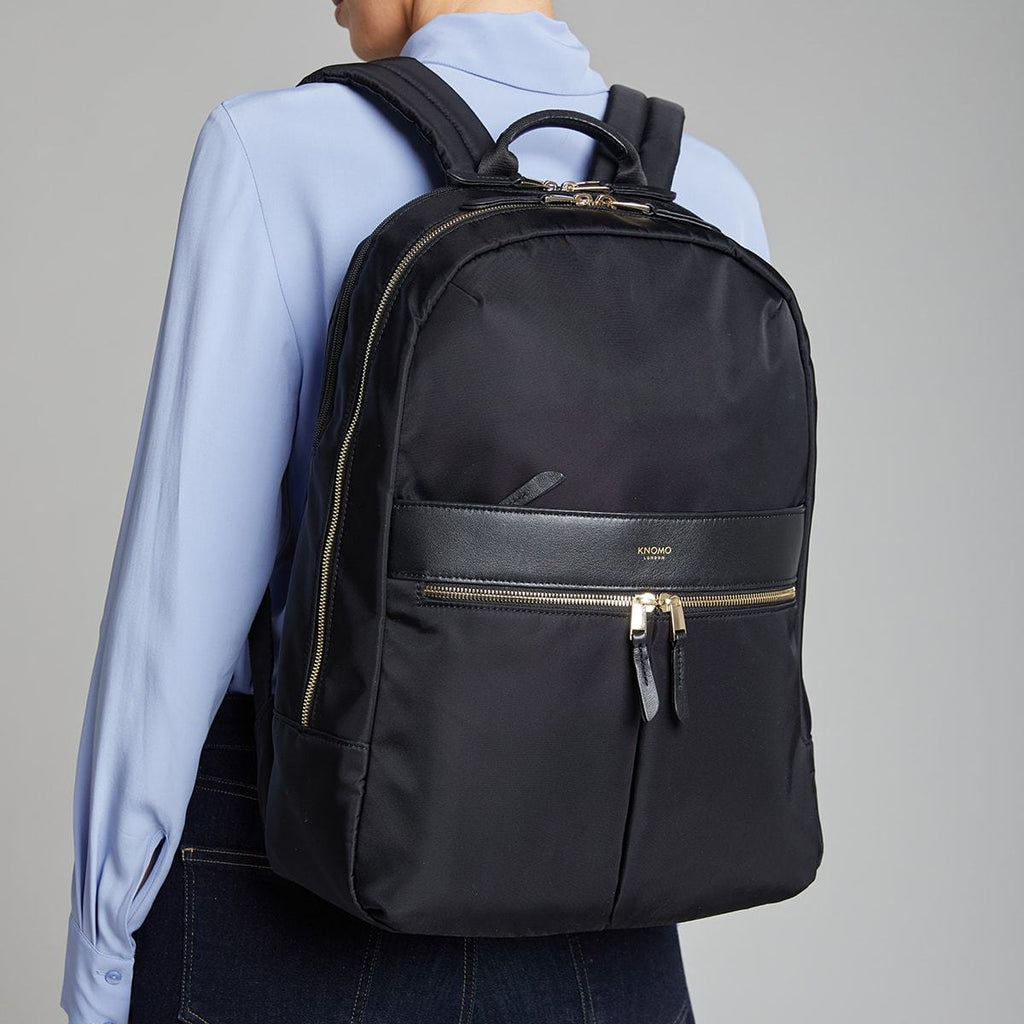 KNOMO Beaufort Laptop Backpack Female Model Wearing 15.6" -  Black | knomo.com