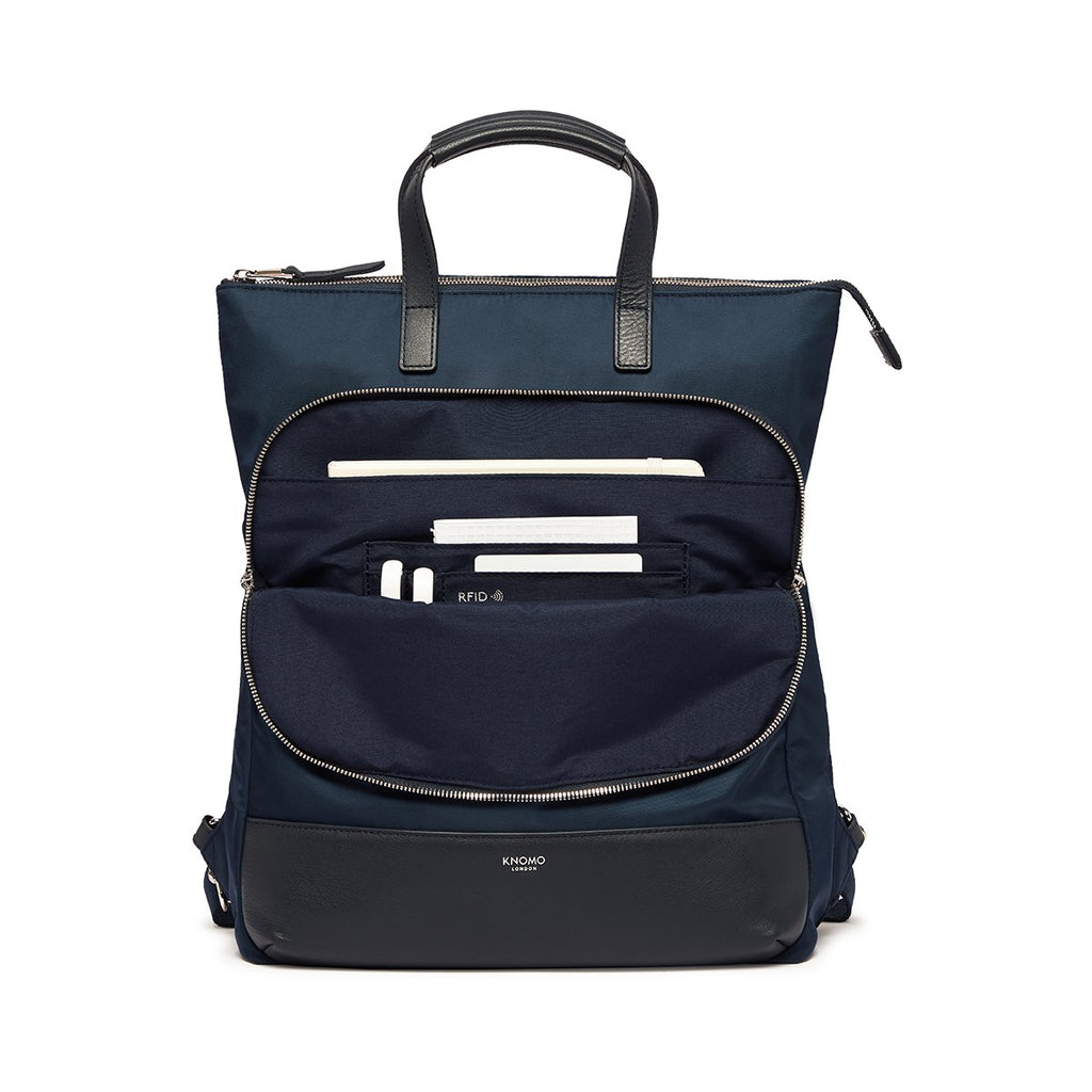 KNOMO Harewood Laptop Tote Backpack Front Pocket With Items 15" -  Dark Navy Blazer | knomo.com
