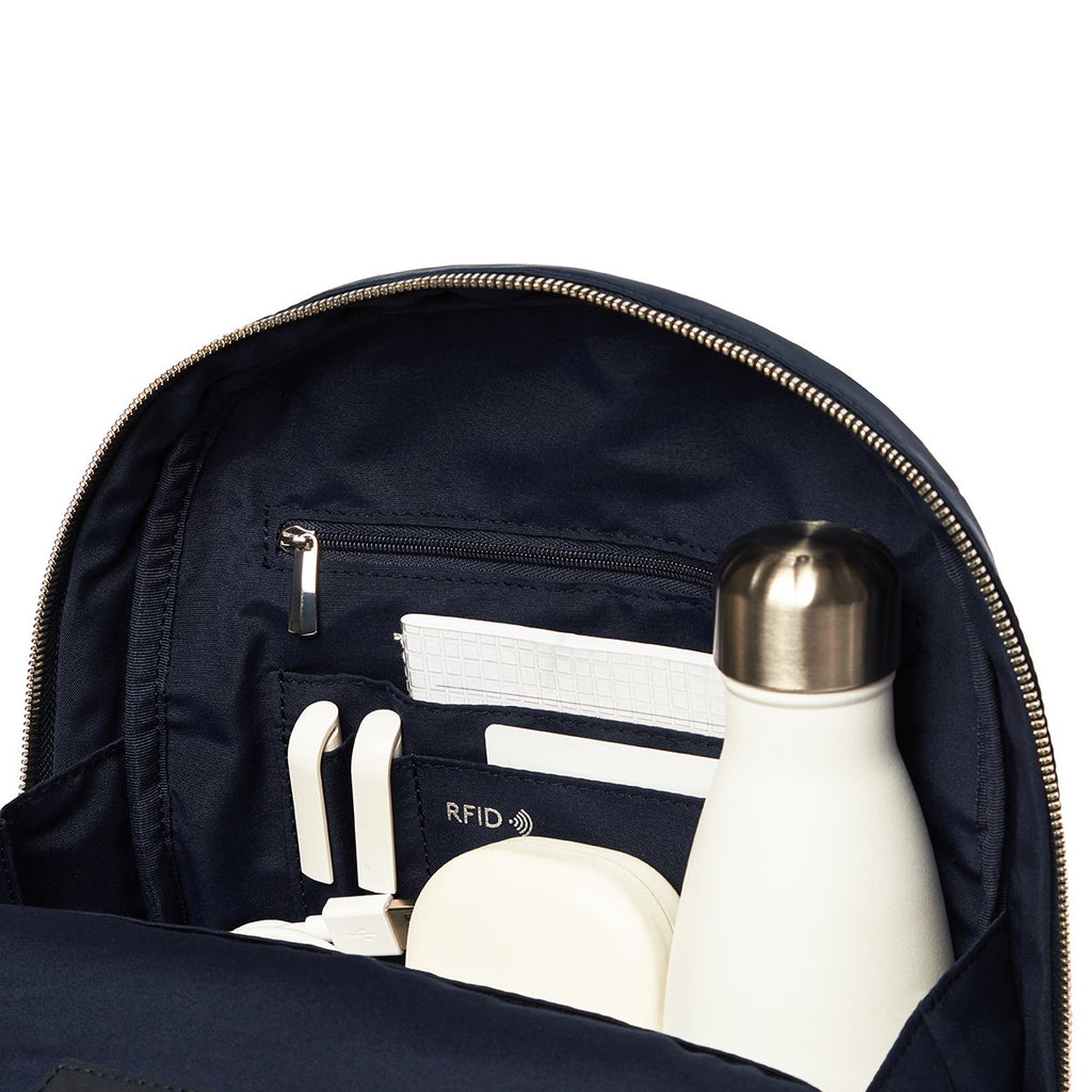 KNOMO Mini Beaufort Backpack Internal Close Up With Items 12" -  Dark Navy Blazer | knomo.com