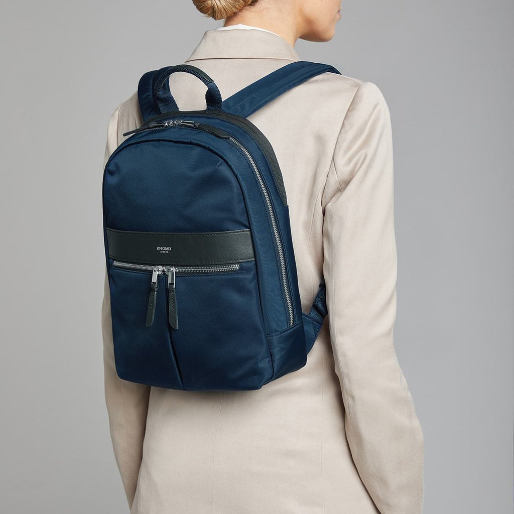 KNOMO Mini Beaufort Backpack Female Model Wearing 12" -  Dark Navy Blazer | knomo.com