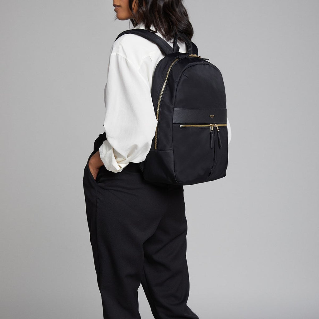 KNOMO Beauchamp Laptop Backpack Female Model Wearing 14" -  Black | knomo.com