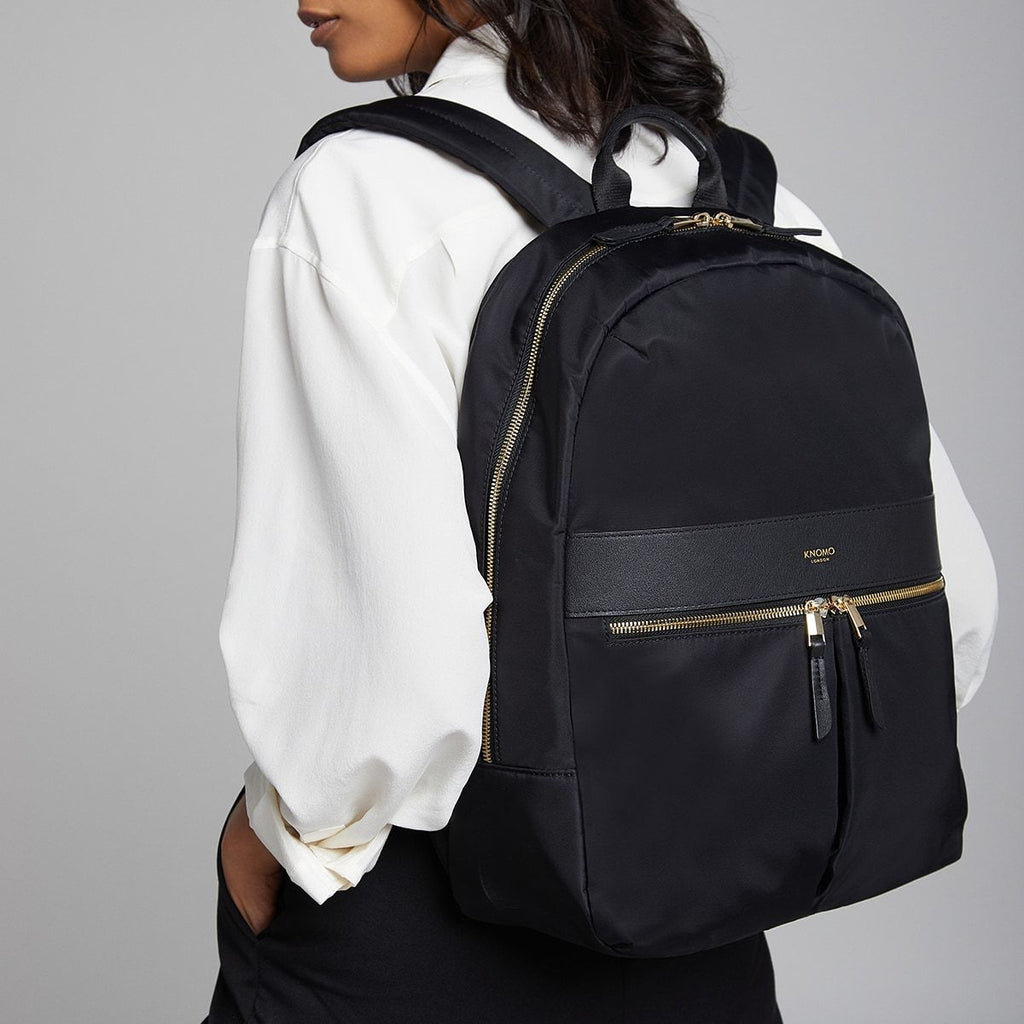 KNOMO Beauchamp Laptop Backpack Female Model Wearing Close Up 14" -  Black | knomo.com