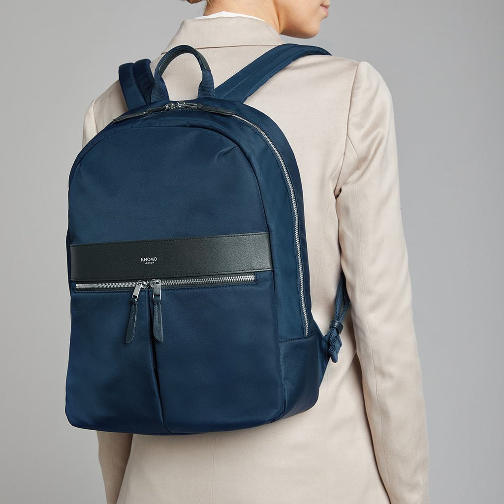 KNOMO Beauchamp Laptop Backpack Female Model Wearing 14" -  Dark Navy Blazer | knomo.com