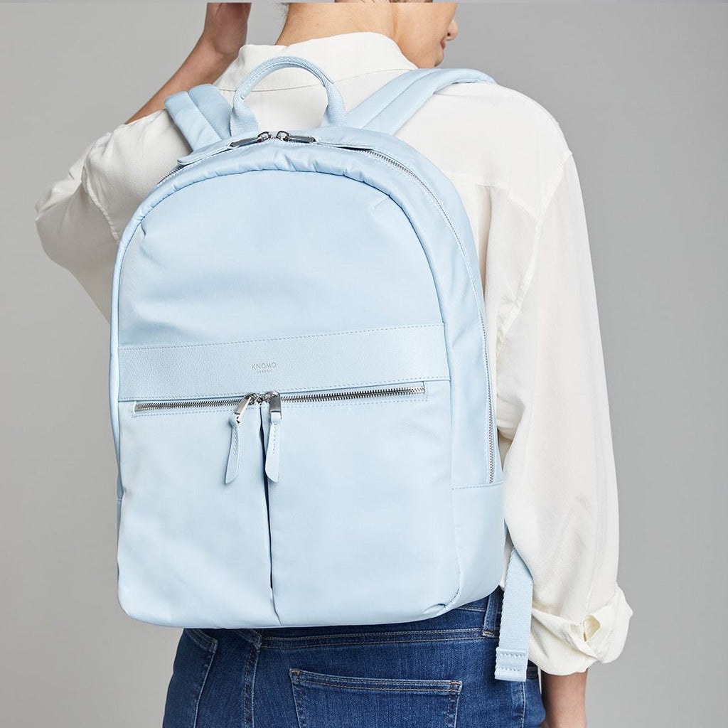 KNOMO Beauchamp Laptop Backpack Female Model Wearing 14" -  Poplin Blue | knomo.com