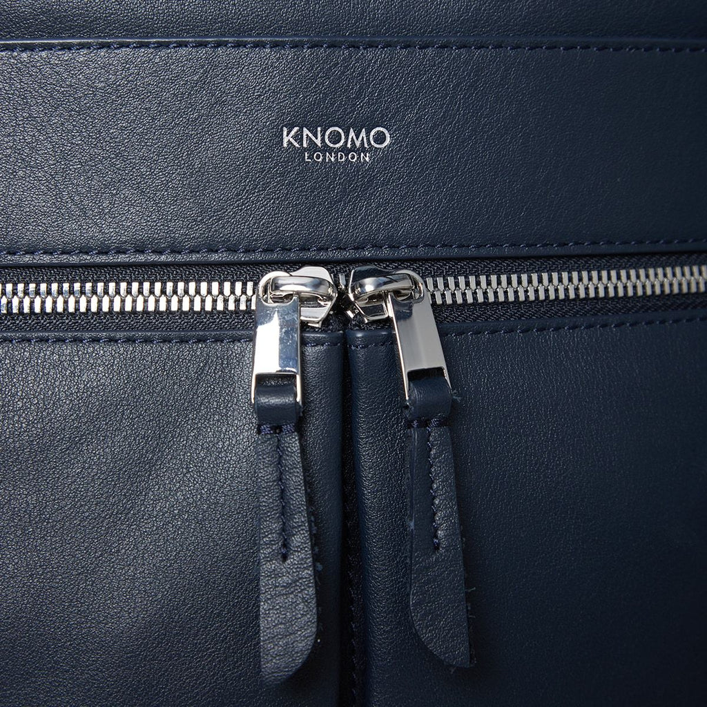 KNOMO Beaux Leather Laptop Backpack Zip Detail Close Up 14" -  Dark Navy Blazer | knomo.com