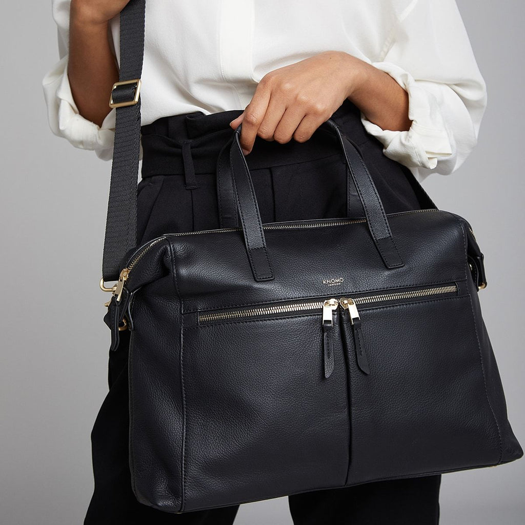 KNOMO Audley Laptop Handbag Female Model Holding By Straps 14" -  Black | knomo.com