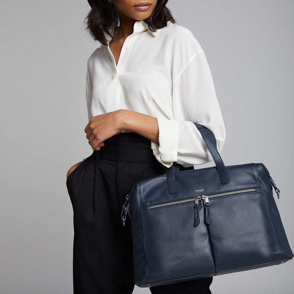 KNOMO Audley Laptop Handbag Female Model Wearing As Tote 14" -  Dark Navy Blazer | knomo.com