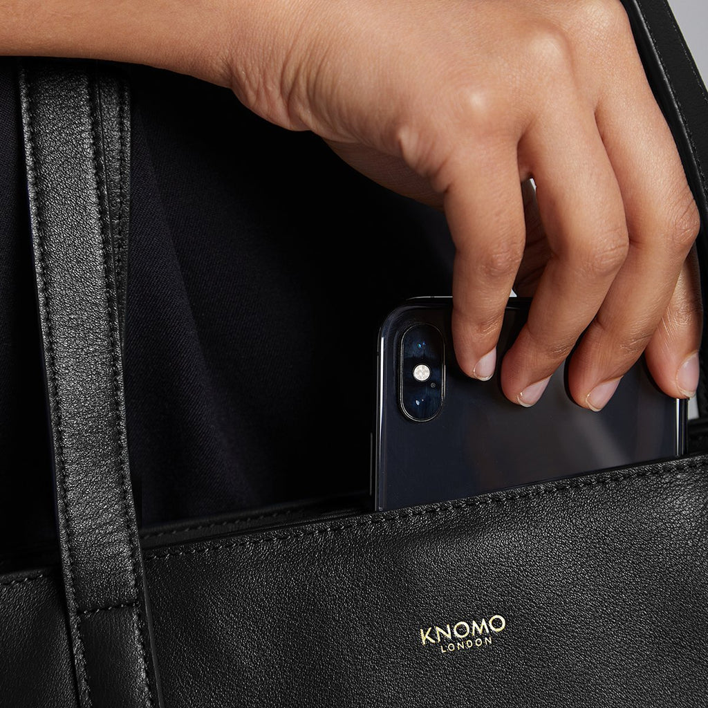 KNOMO Mini Maddox Laptop Tote Female Model Front Pocket Close Up 13" -  Black | knomo.com