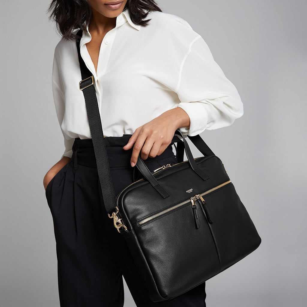KNOMO Hanover Laptop Briefcase Female Model Wearing Over Shoulder 14" -  Black | knomo.com