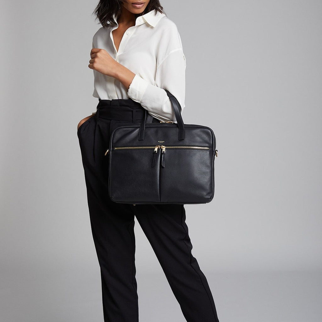 KNOMO Hanover Laptop Briefcase Female Model Wearing As Tote 14" -  Black | knomo.com