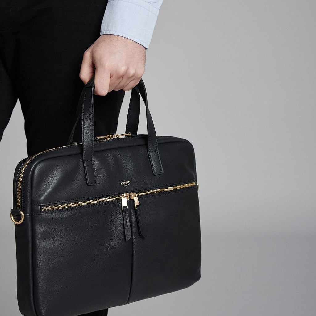 KNOMO Hanover Laptop Briefcase Male Model Holding From Straps 14" -  Black | knomo.com