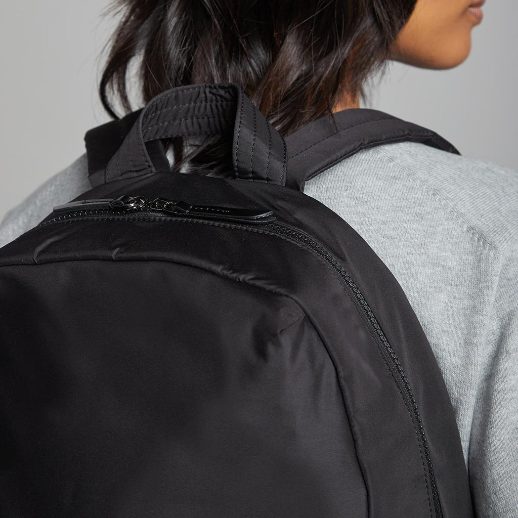 KNOMO Berlin Laptop Backpack Female Model Close Up 15" -  Black | knomo.com