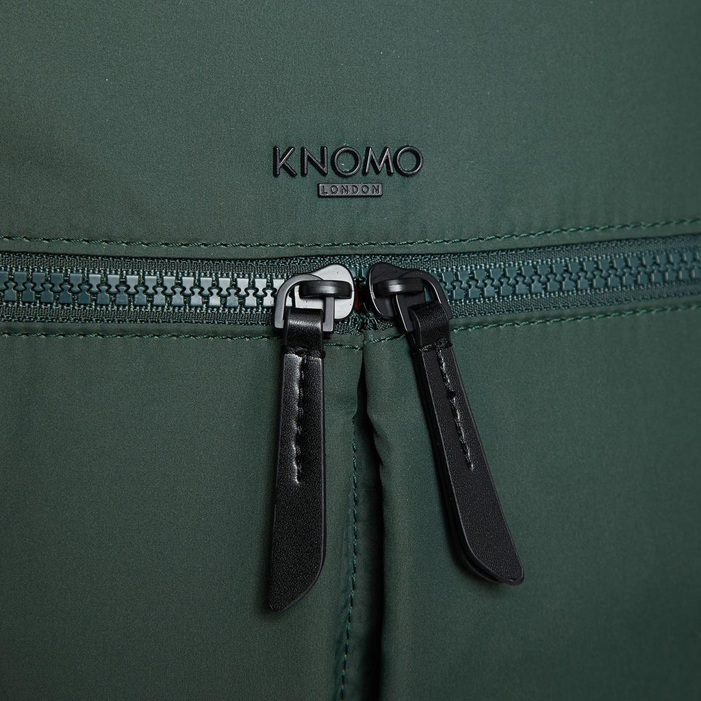 KNOMO Berlin Laptop Backpack Zip Detail Close Up 15" -  Bottle Green | knomo.com