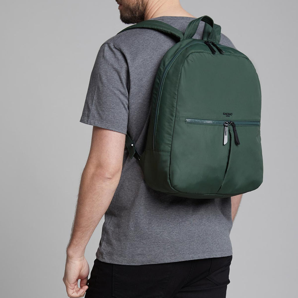 KNOMO Berlin Laptop Backpack Male Model Wearing 15" -  Bottle Green | knomo.com