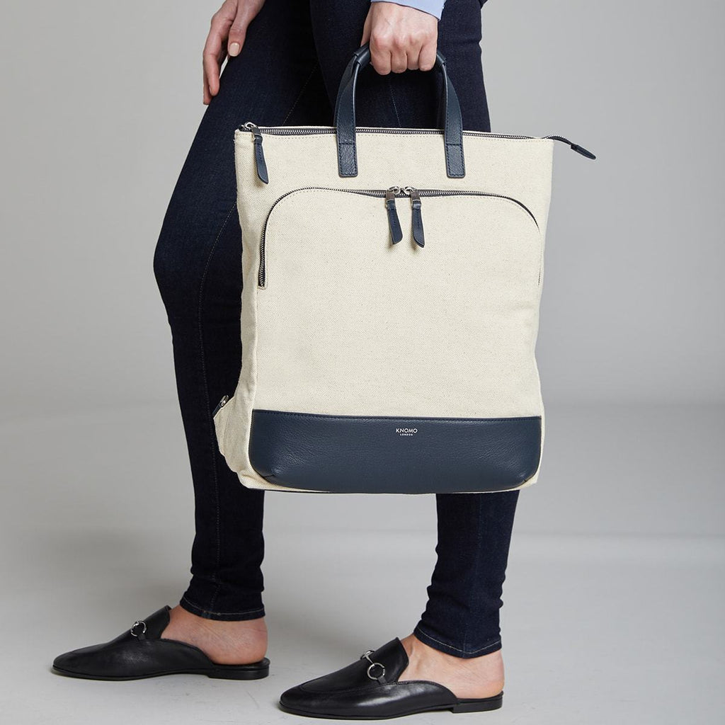 KNOMO Harewood Totepack 15" Female Model Holding Straps 15" -  Natural | knomo.com