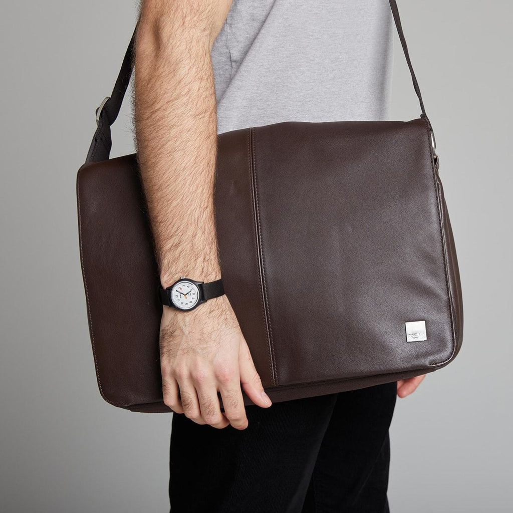 KNOMO Bungo Laptop Messenger Bag Male Model Wearing Over Shoulder 15.6" -  Brown | knomo.com