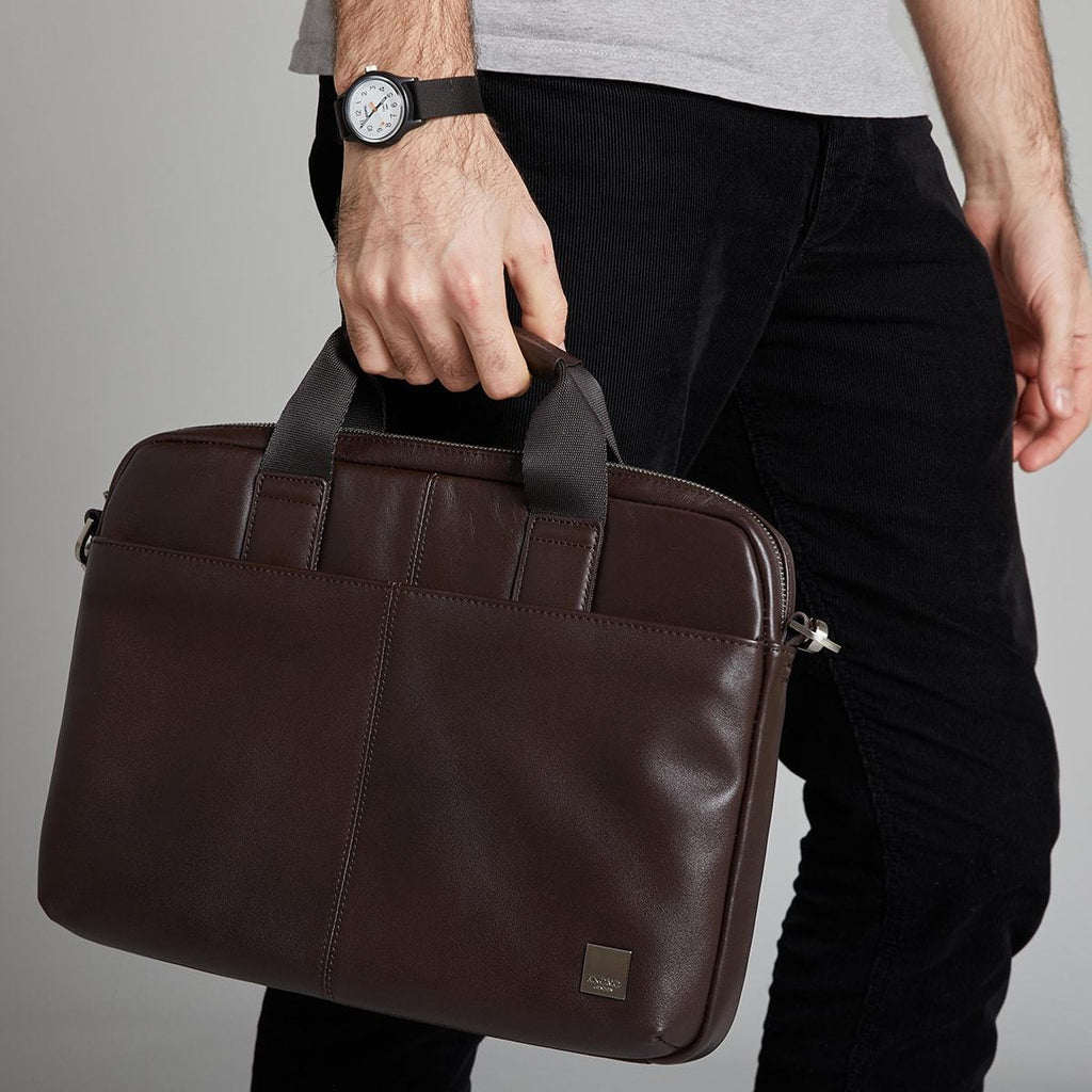 KNOMO Stanford Laptop Briefcase Male Model Holding By Side 13" -  Brown | knomo.com