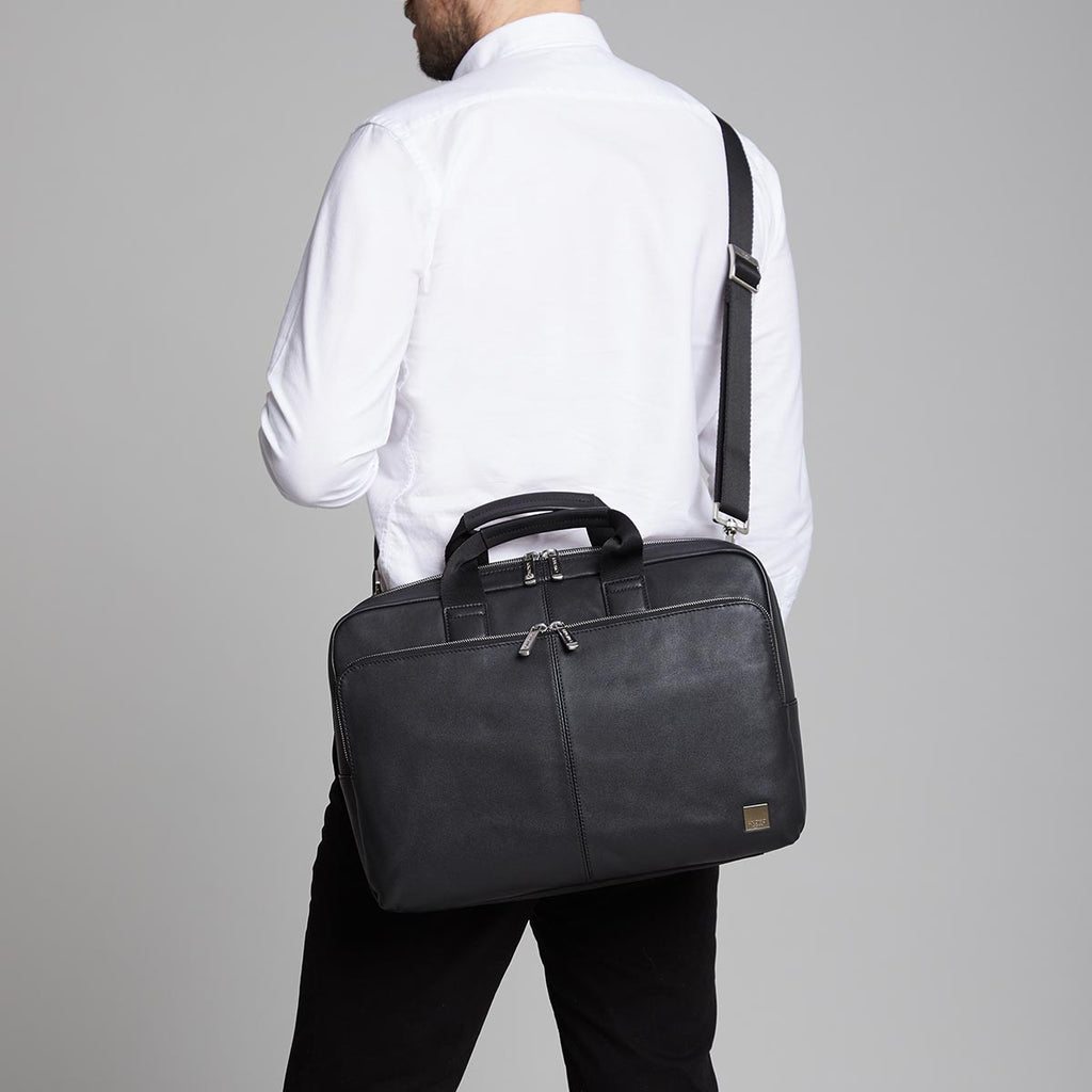 KNOMO Newbury Laptop Briefcase Male Model Wearing Over Shoulder 15" -  Black | knomo.com