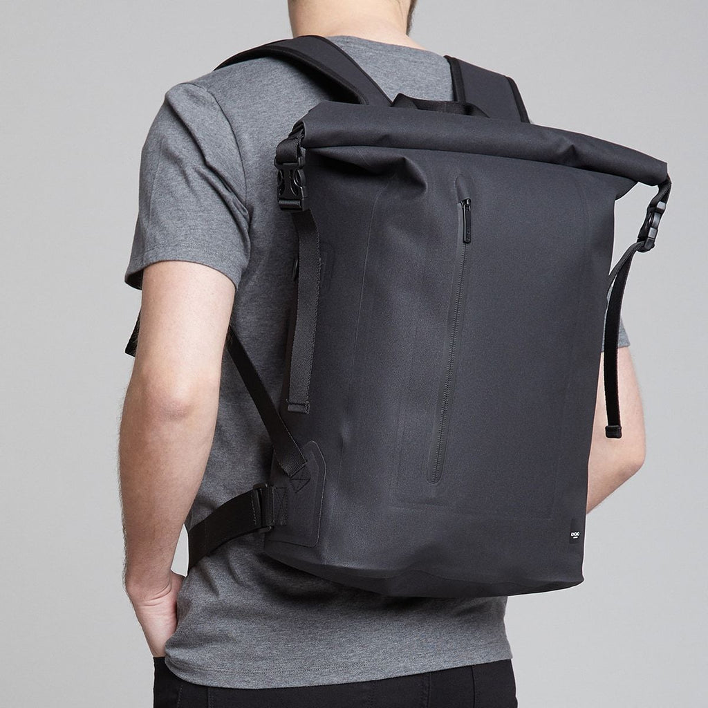 KNOMO Cromwell Roll-Top Laptop Backpack Male Model Wearing 14" -  Black | knomo.com