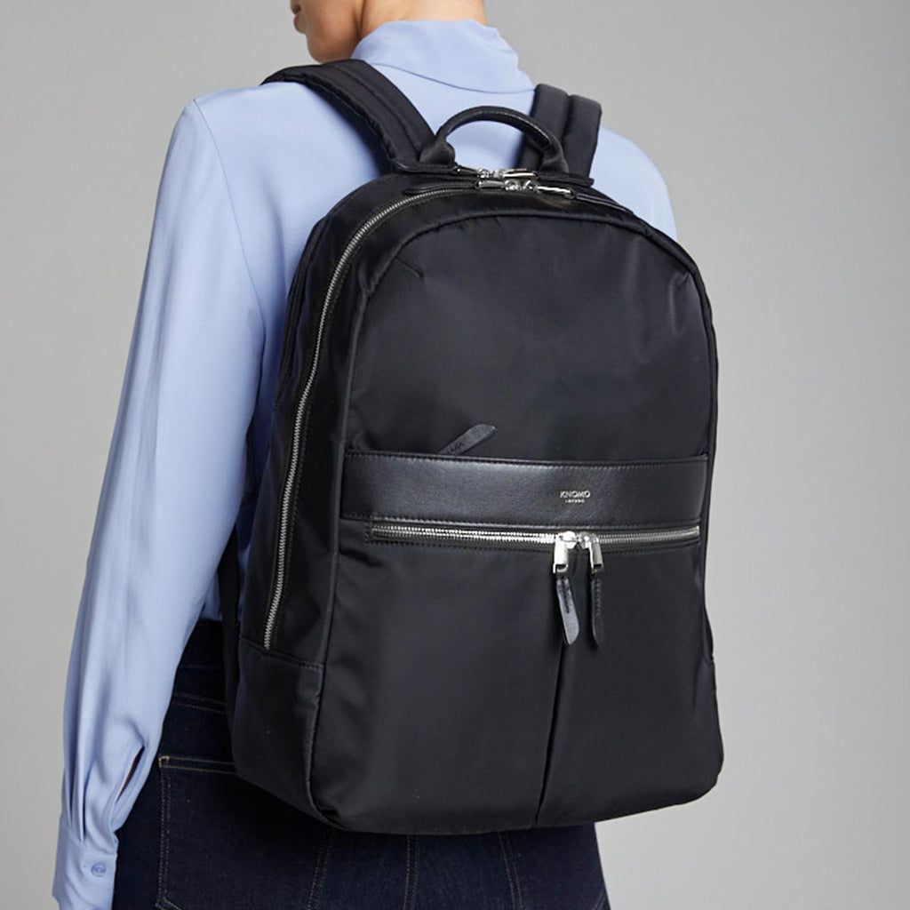 KNOMO Beaufort Laptop Backpack Female Model Wearing 15.6" -  Black | knomo.com