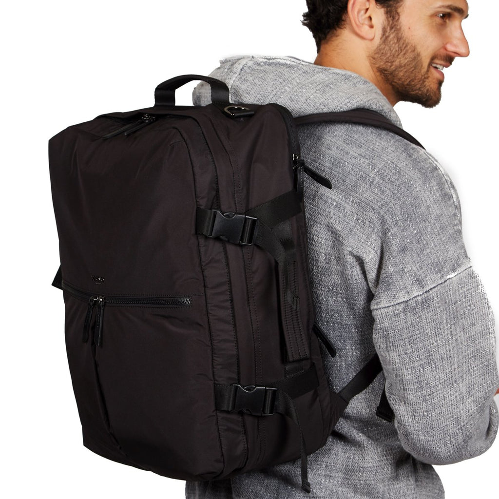 KNOMO Budapest Expandable Backpack Male Model Wearing 15.6" -  Black | knomo.com