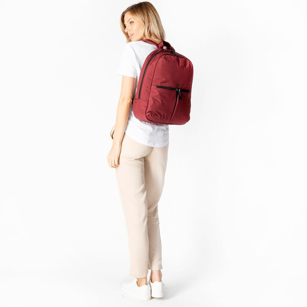KNOMO Berlin Laptop Backpack Female Model Wearing  15" -  Red Brick | knomo.com