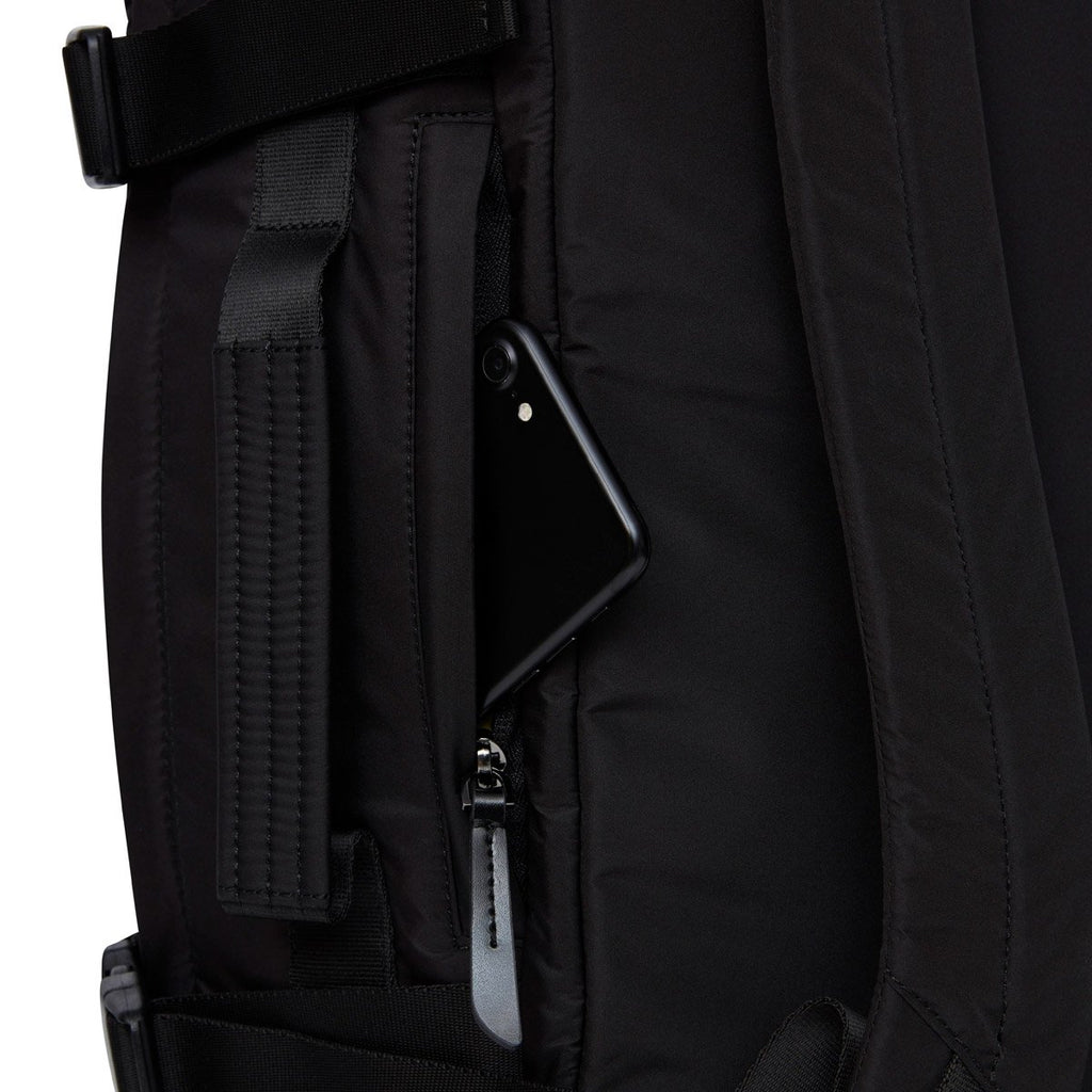 KNOMO Budapest Expandable Backpack Side Pocket Close Up 15.6" -  Black | knomo.com