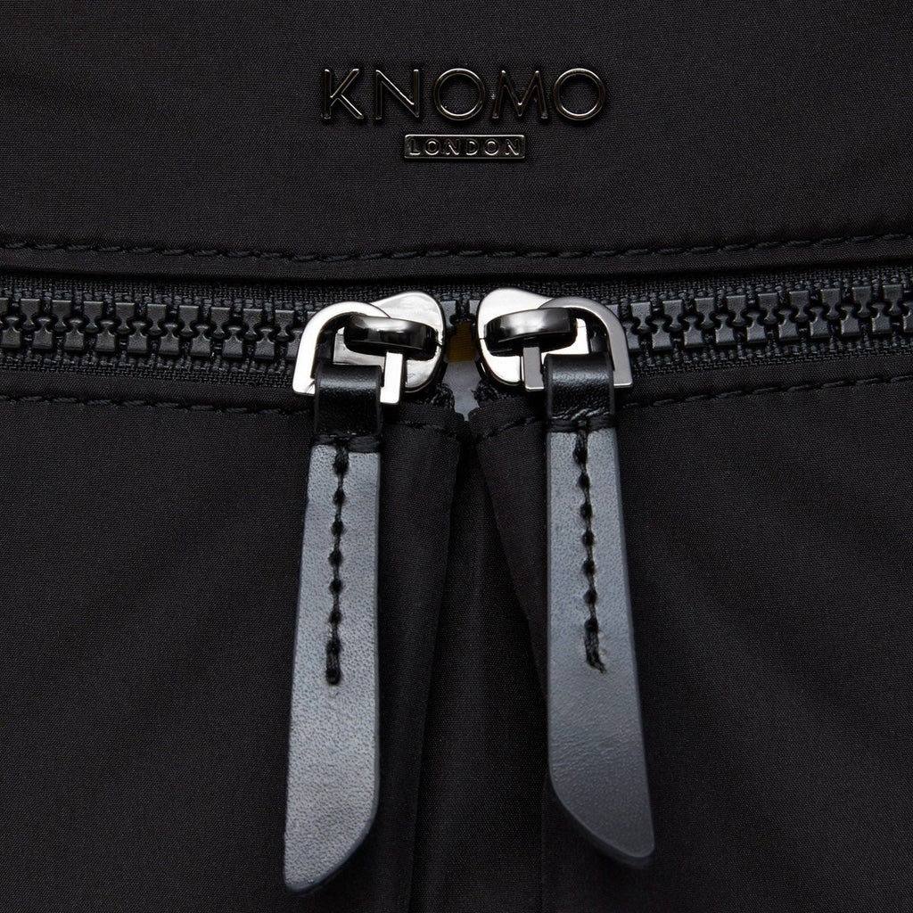 KNOMO Budapest Expandable Backpack Zip Detail Close Up 15.6" -  Black | knomo.com