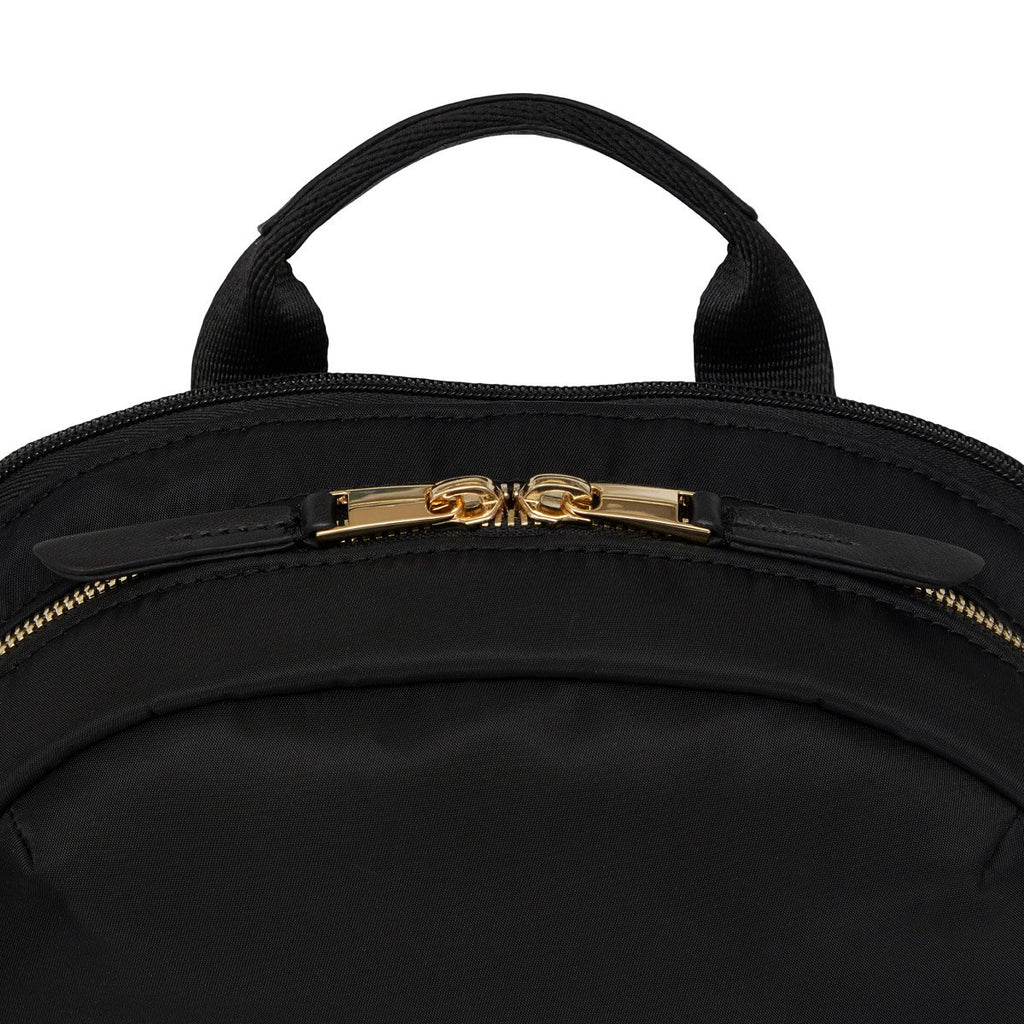 KNOMO Mini Beaufort Expandable Backpack Zip Close Up 12" -  Black | knomo.com