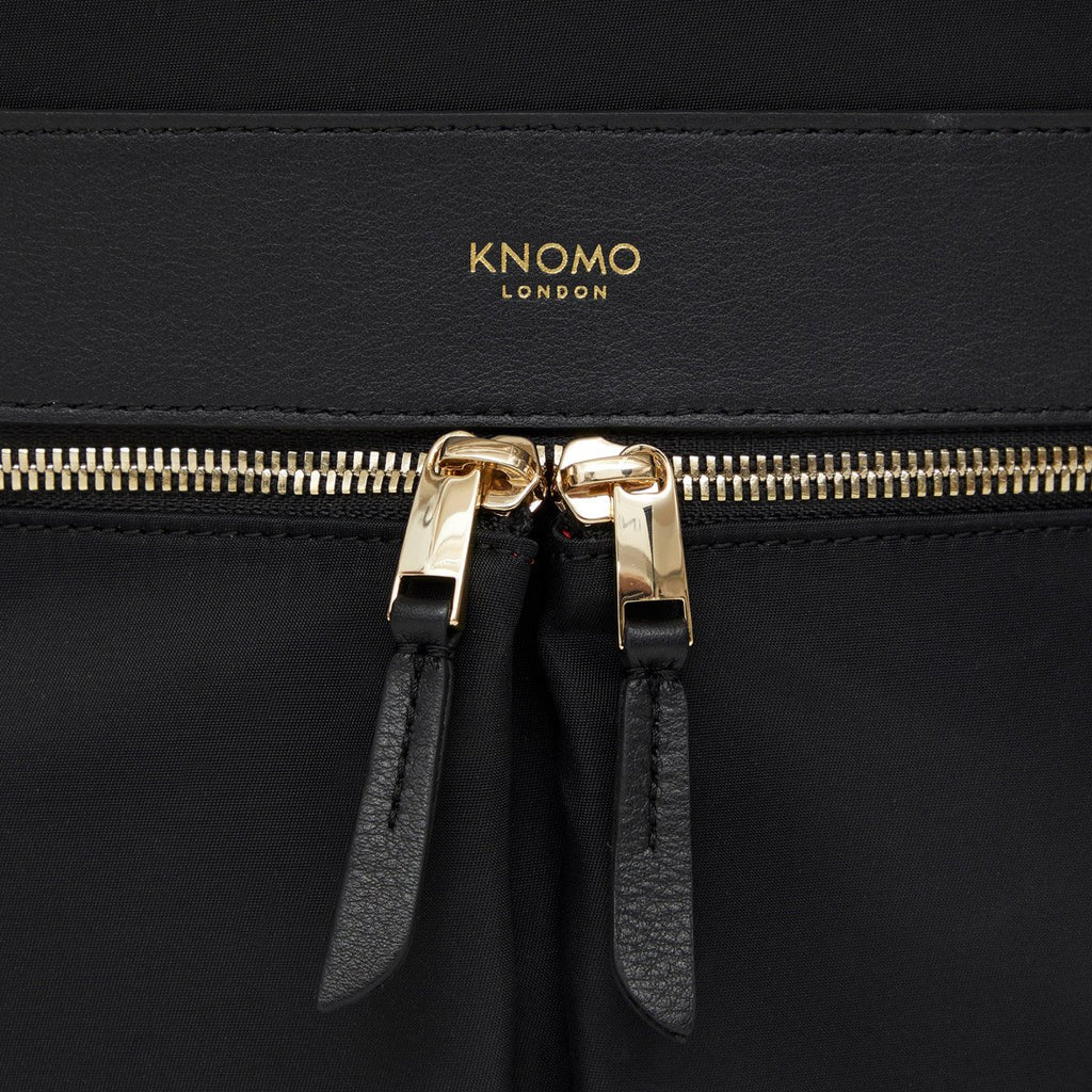 KNOMO Mini Beaufort Expandable Backpack Zip Detail Close Up 12" -  Black | knomo.com
