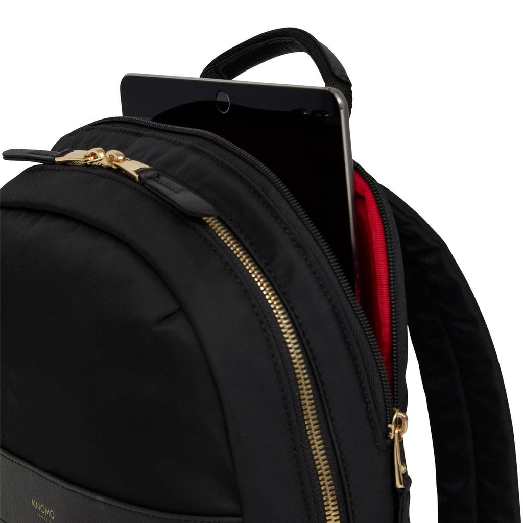 KNOMO Mini Beaufort Expandable Backpack Three Quarter View With Laptop Close Up 12" -  Black | knomo.com