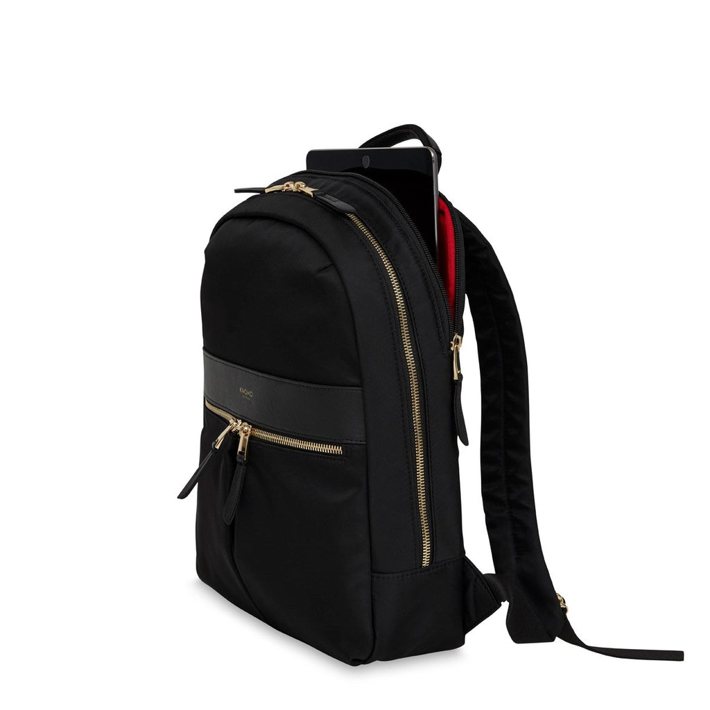 KNOMO Mini Beaufort Expandable Backpack Three Quarter View With Laptop 12" -  Black | knomo.com