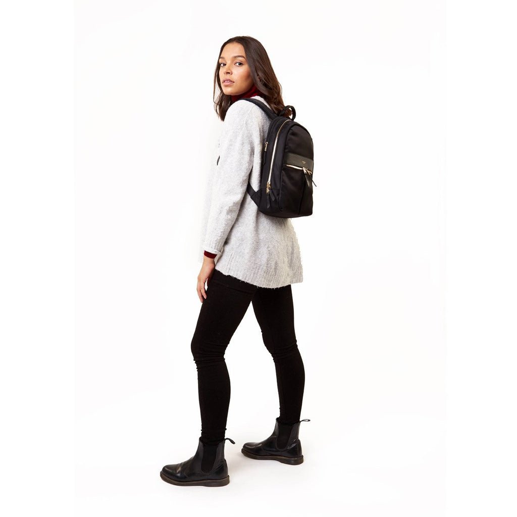 KNOMO Mini Beaufort Expandable Backpack Female Model Wearing  12" -  Black | knomo.com