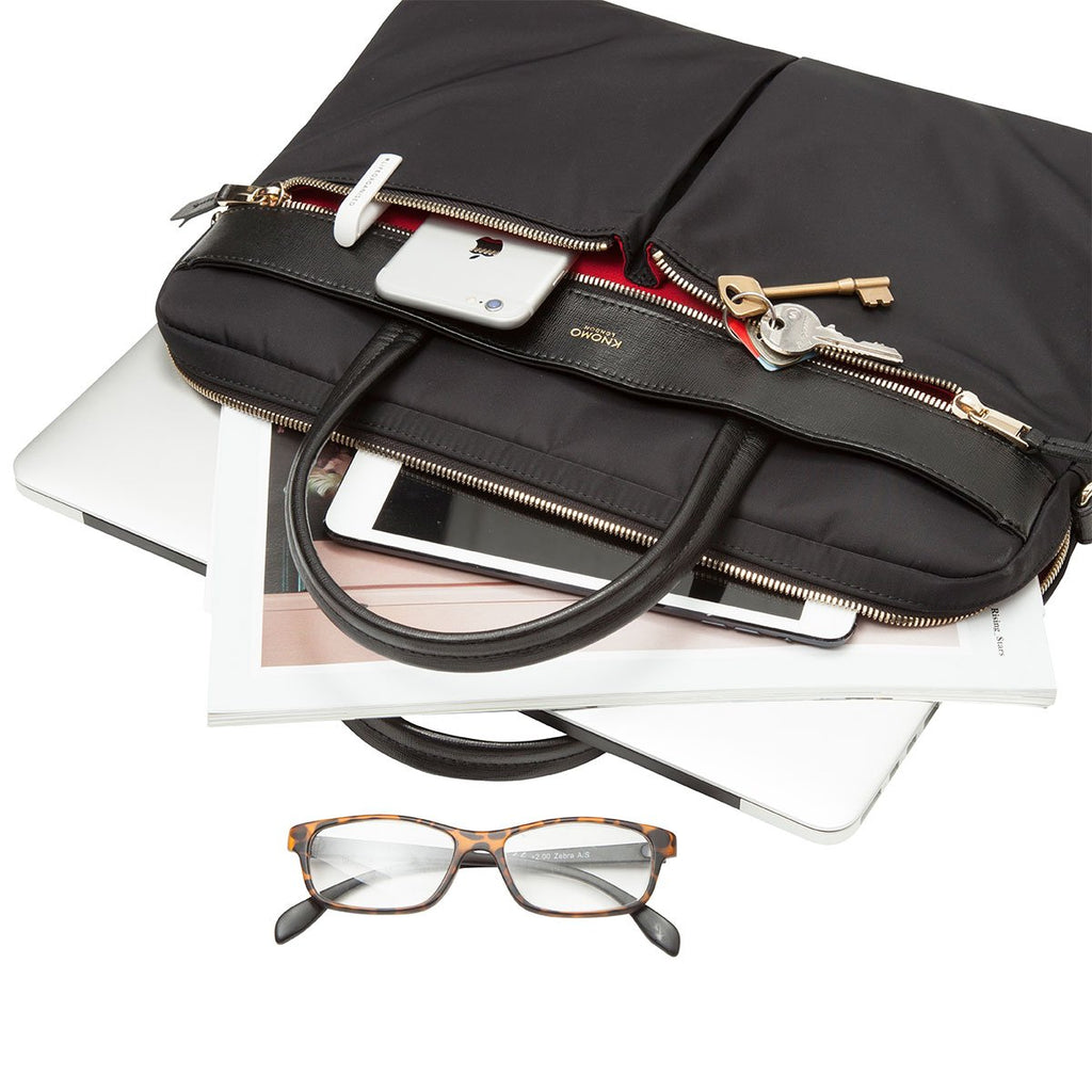 KNOMO Hanover Laptop Briefcase Laying Down With Items 14" -  Black | knomo.com